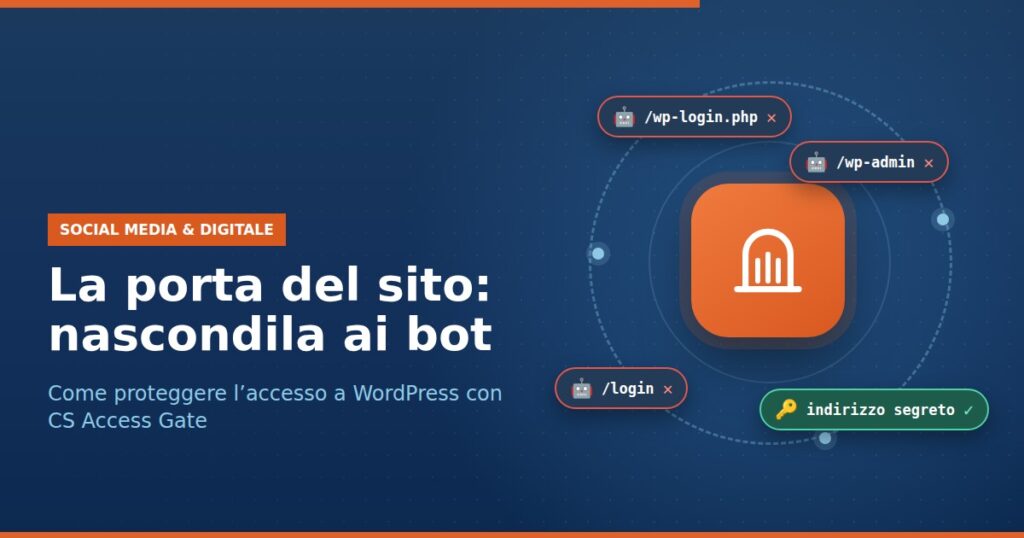Copertina: la porta del sito, nascondila ai bot. I tentativi su wp-login.php e wp-admin vengono respinti, si entra solo dall’indirizzo segreto